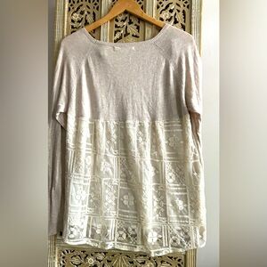 Back Lace Top Shirt Long Sleeve crew neck Festival Boho Oatmeal Neutral Beige L